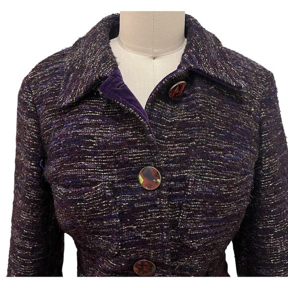 Etro Jacket Womens 42 Purple Wool Blend Belted Velvet Trim Embroidered Milano - Picture 4 of 9